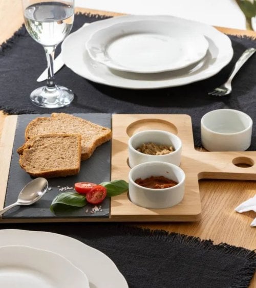 Set de Tabla de Presentación y Cuencos para Aperitivos de Pizarra y Bambú
