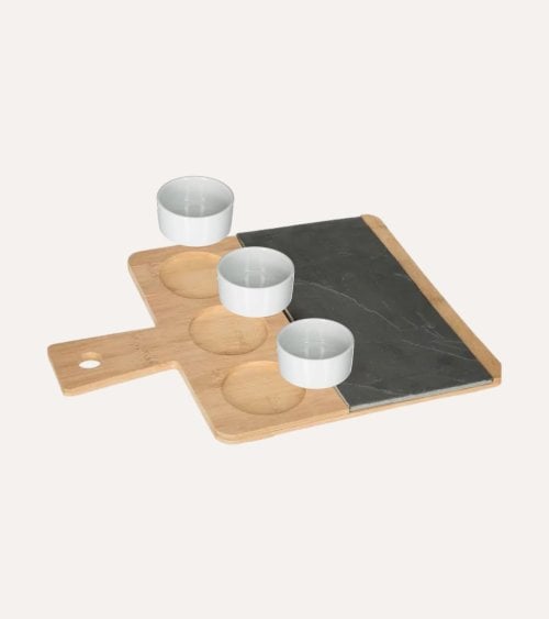 Set de Tabla de Presentación y Cuencos para Aperitivos de Pizarra y Bambú