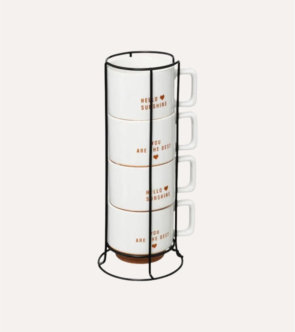 Set de 4 Tazas Mug Mensaje de Cariño con Soporte de Metal