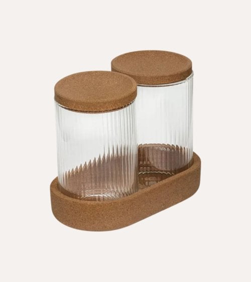 Set de 2 Organizadores de Vidrio con Tapas y Bandeja de Corcho