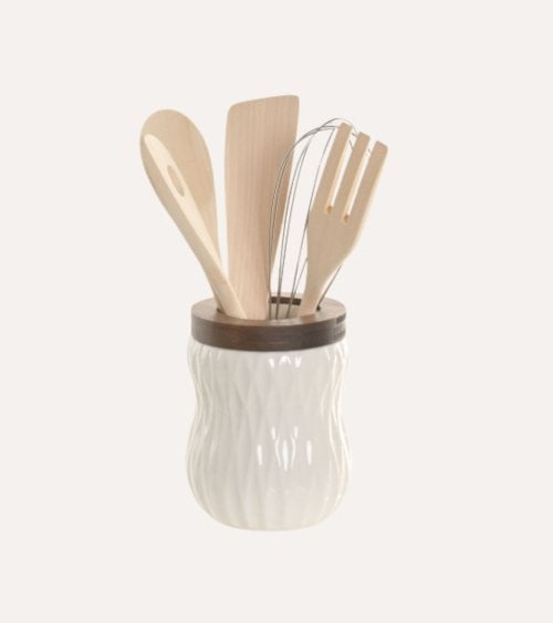 Set de 6 Utensilios Relieve con Portautensilios de Bambú y Porcelana