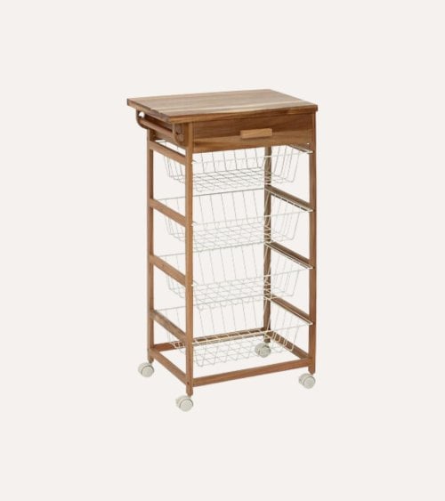 Carro Auxiliar con 4 Cestas y Ruedas de Madera de Acacia y Acero