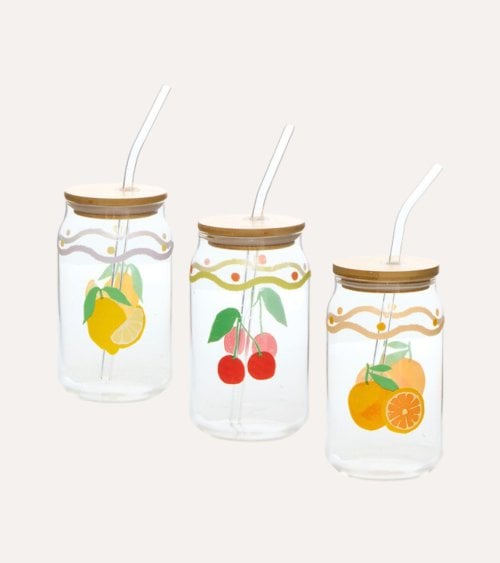 Vaso Fruity con Pajita de Vidrio