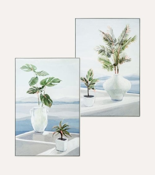 Cuadro Lienzo de Plantas en Terraza de Madera de Abeto