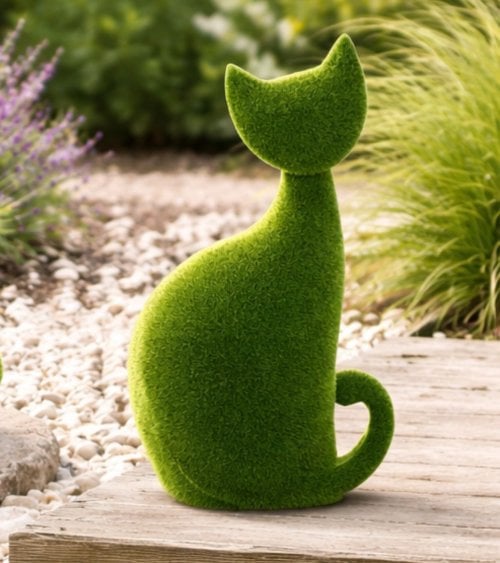 Figura Decorativa Gato con Efecto Césped para Exteriores
