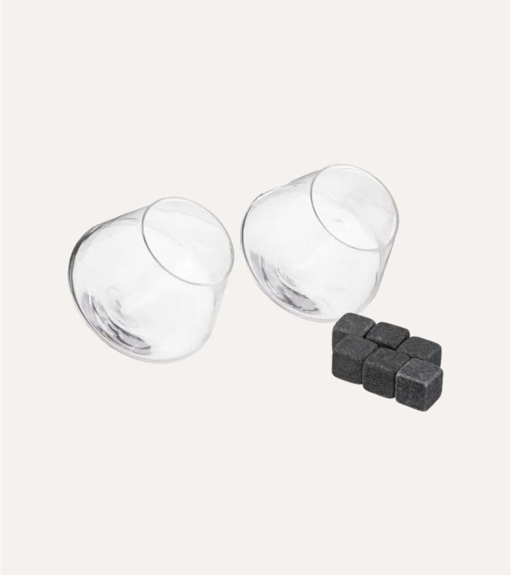 Set de 2 Vasos Inclinado para Whisky y 6 Hielos de Piedra