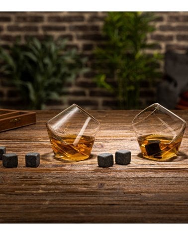 Set de 2 Vasos Inclinado para Whisky y 6 Hielos de Piedra