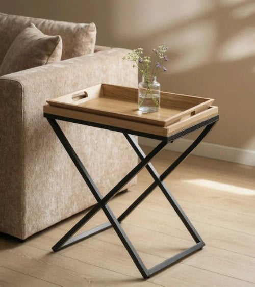 Mesa Auxiliar Eva con Bandeja de Madera y Metal