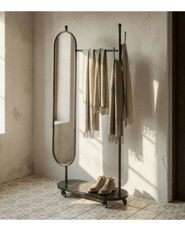 Perchero de Pie con Espejo y Ruedas de Metal y Mármol