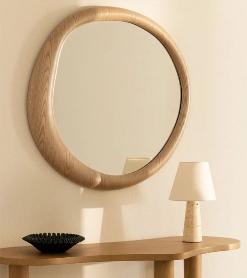 Espejo de Pared Redondo Irregular Otilia Chapado en Madera de Roble