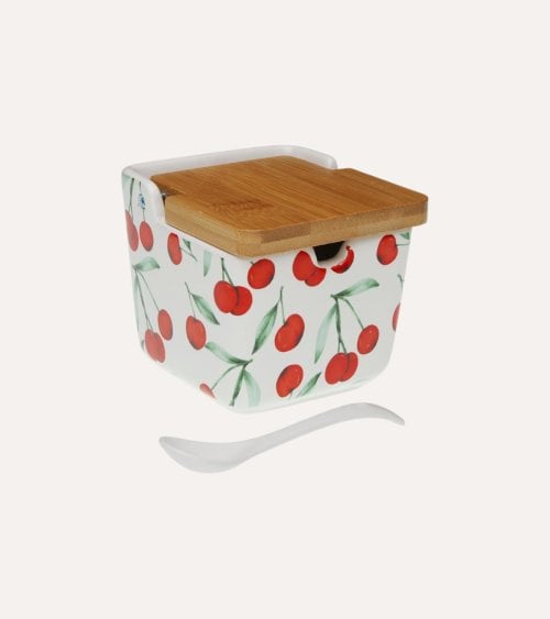 Azúcarero Cerezas con Cuchara de Cerámica y Madera