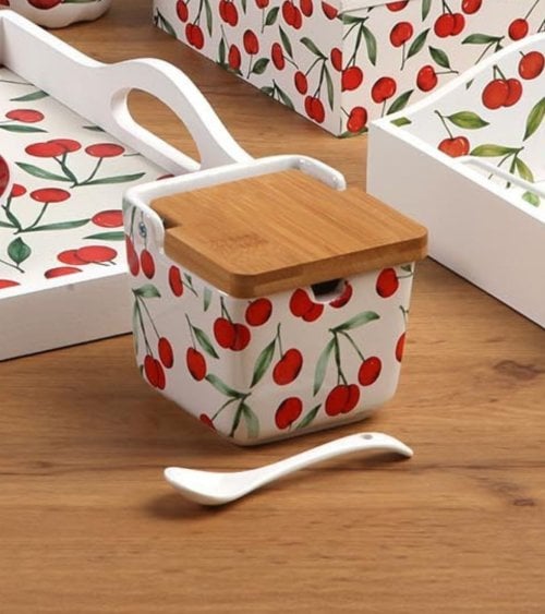 Azúcarero Cerezas con Cuchara de Cerámica y Madera
