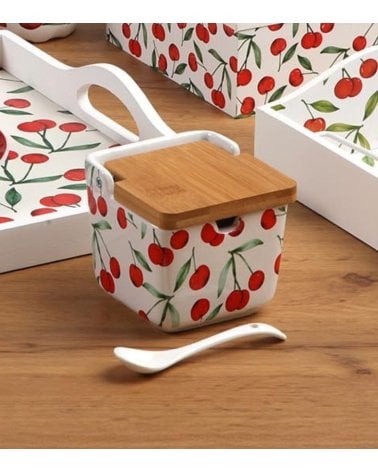 Azúcarero Cerezas con Cuchara de Cerámica y Madera