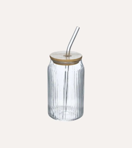 Jarra Line con Pajita de Vidrio y Tapa de Bambú