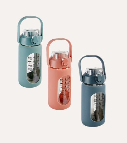 Botella Deportiva con Medidas y Pajita de Vidrio