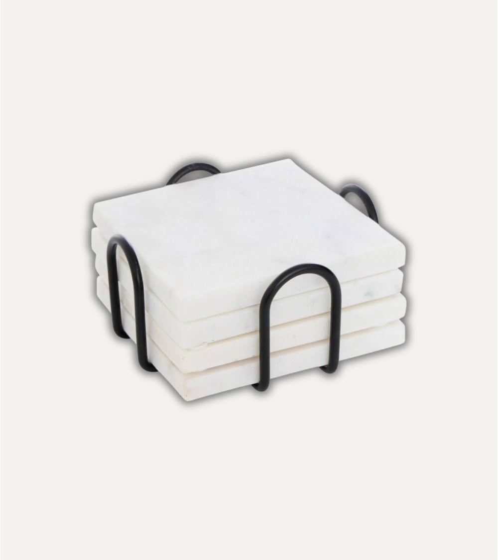 Set de 4 Posavasos con Base Metálica de Mármol