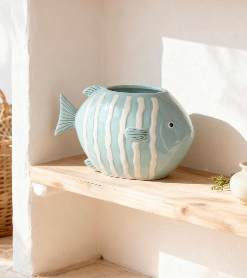 Jarrón Marino Pez con Rayas de Gres