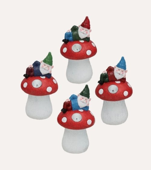 Figura Decorativa Gnomo con Seta Luz Solar de Cemento