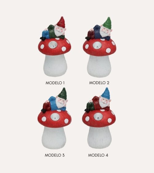 Figura Decorativa Gnomo con Seta Luz Solar de Cemento