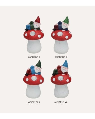 Figura Decorativa Gnomo con Seta Luz Solar de Cemento