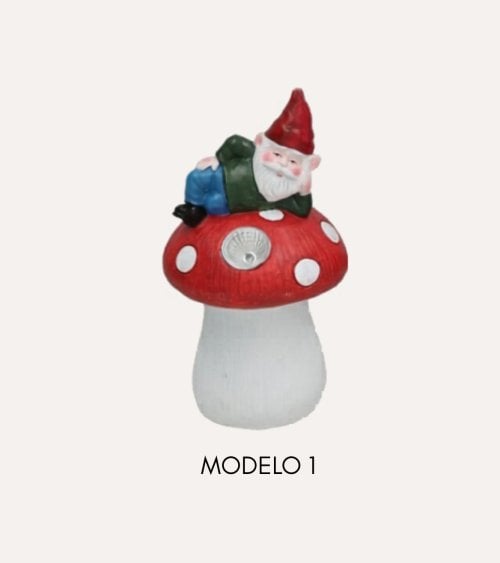 Figura Decorativa Gnomo con Seta Luz Solar de Cemento