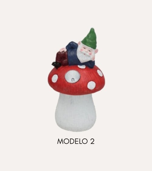 Figura Decorativa Gnomo con Seta Luz Solar de Cemento