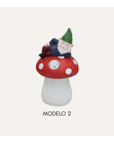 Figura Decorativa Gnomo con Seta Luz Solar de Cemento