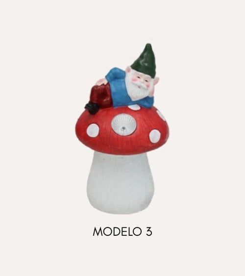 Figura Decorativa Gnomo con Seta Luz Solar de Cemento