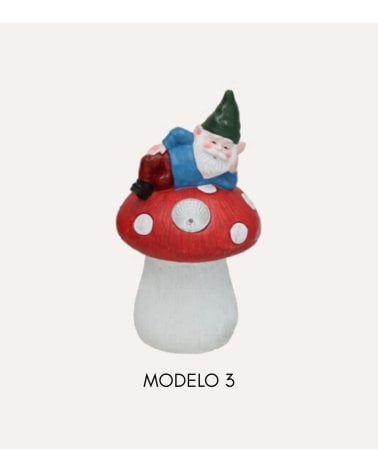 Figura Decorativa Gnomo con Seta Luz Solar de Cemento