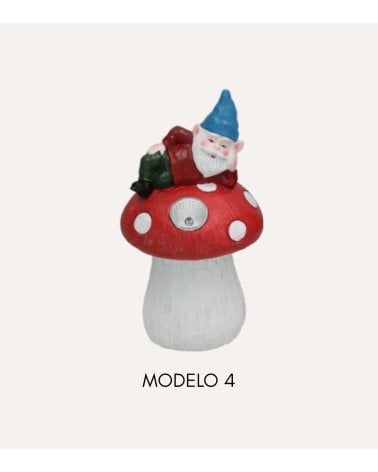 Figura Decorativa Gnomo con Seta Luz Solar de Cemento