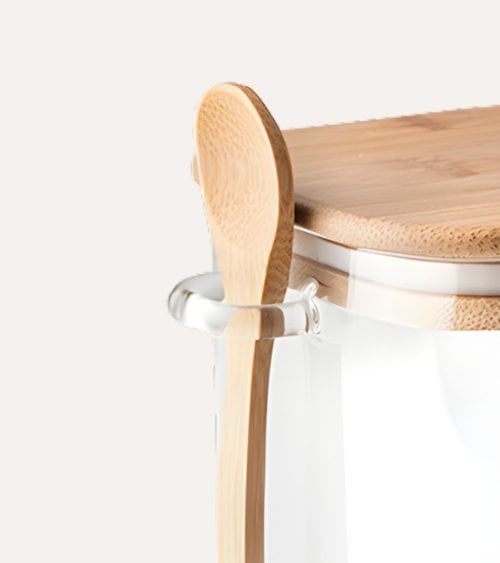 Tarro con Cucharrila y Tapa de Borosilicato y Bambú