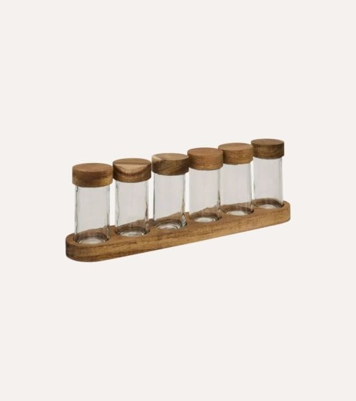 Set de 6 Botes para Especias de Cristal con Tapa y Bandeja de Madera de Acacia