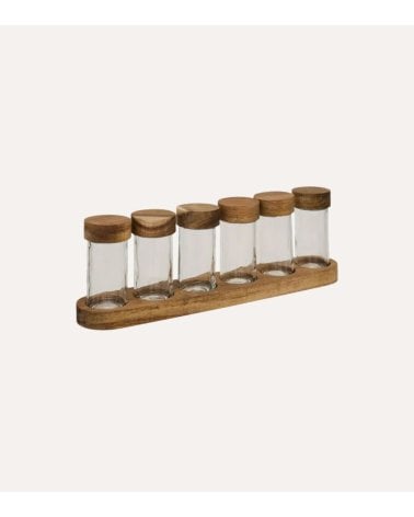 Set de 6 Botes para Especias de Cristal con Tapa y Bandeja de Madera de Acacia