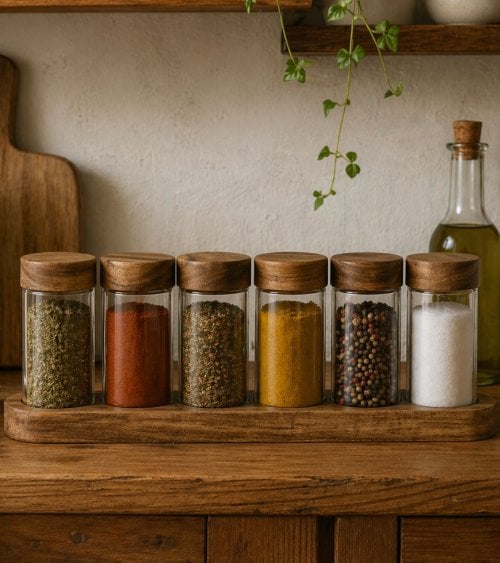 Set de 6 Botes para Especias de Vidrio con Tapa y Bandeja de Madera de Acacia