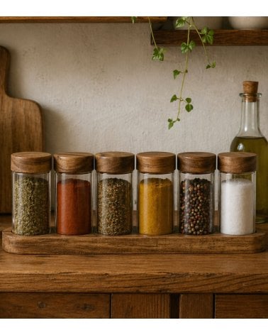Set de 6 Botes para Especias de Vidrio con Tapa y Bandeja de Madera de Acacia