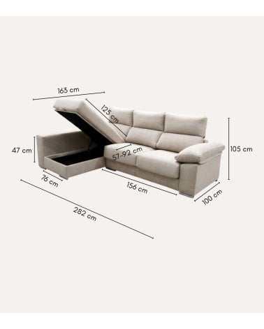 Sofá Chaise Longue Sena con Arcón y Asientos Deslizantes de Carro