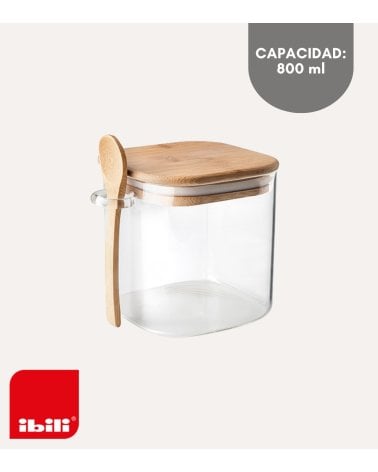 Tarro para Azúcar o Café con Cuchara de Bambú y Vidrio