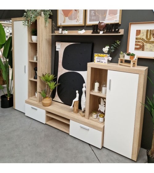 Composición de TV en Madera Natural y Blanco