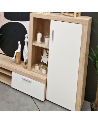 Composición de TV en Madera Natural y Blanco