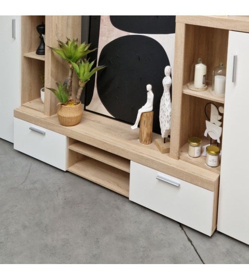 Composición de TV en Madera Natural y Blanco