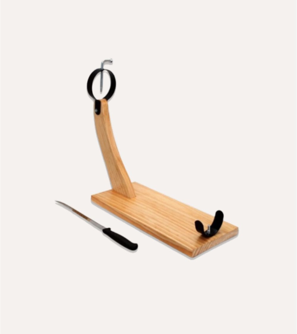 Jamonero Curvado con Cuchillo de Madera de Pino y Acero Inoxidable