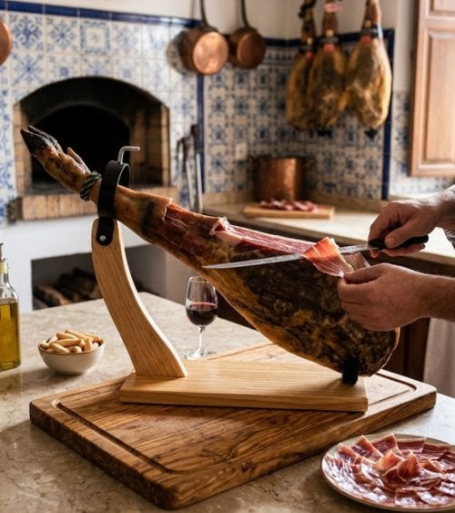 Jamonero Curvado con Cuchillo de Madera de Pino y Acero Inoxidable