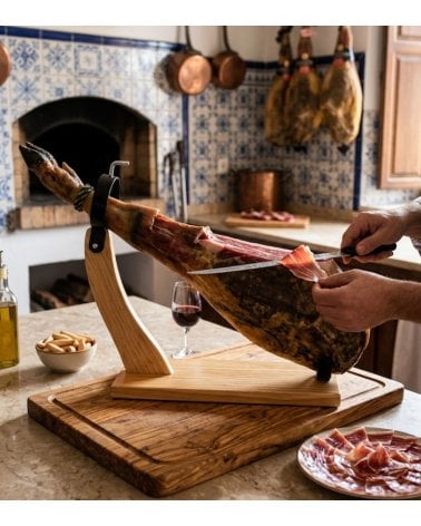 Jamonero Curvado con Cuchillo de Madera de Pino y Acero Inoxidable