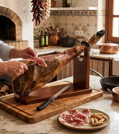 Jamonero Premium con Cuchillo de Madera y Acero Inoxidable