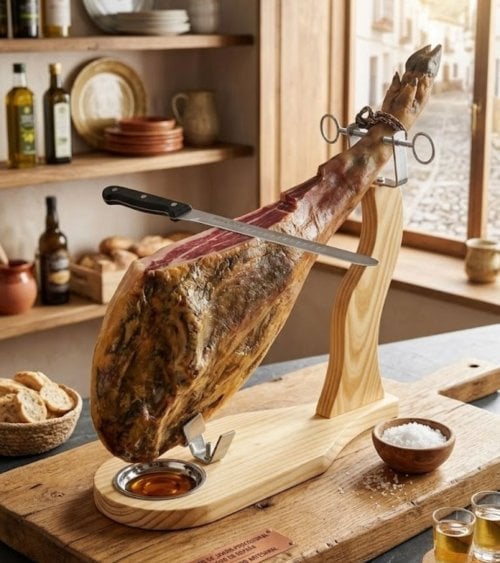 Jamonero con Recogedor de Grasa de Madera y Metal