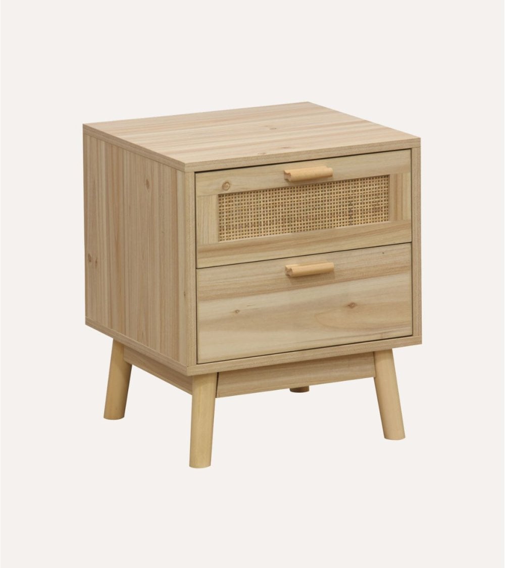 Mesita de Noche Trend con 2 Cajones de Ratan y Madera de Fresno