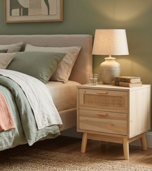 Mesita de Noche Trend con 2 Cajones de Ratan y Madera de Fresno