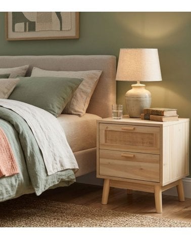 Mesita de Noche Trend con 2 Cajones de Ratan y Madera de Fresno
