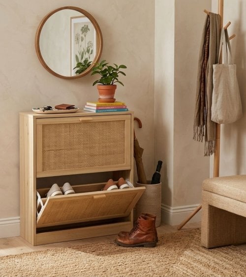Zapatero Decor con 2 Puertas Abatibles de Ratán y Melamina
