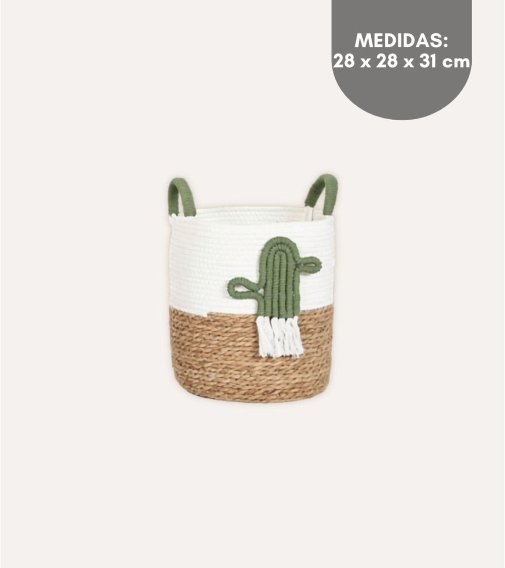 Cesta con Cactus Bordado y Asas de Fibra y Algodón